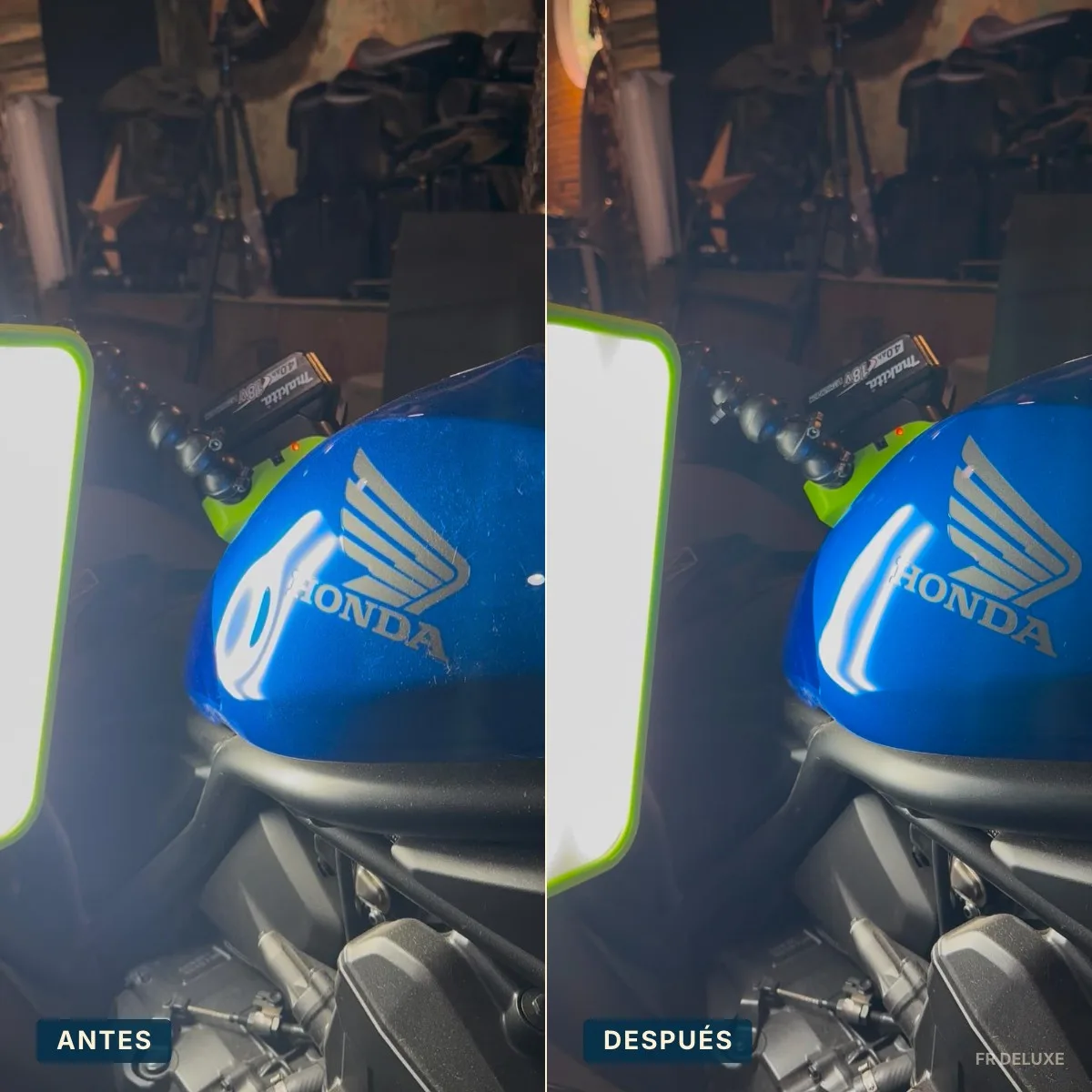 Antes y después de reparación PDR de un bollo en depósito de moto Honda en Poblenou Barcelona sin pintar · FR Deluxe