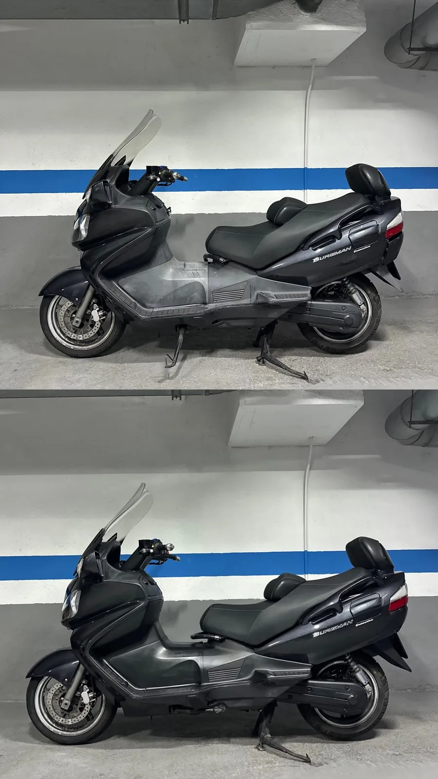 Scooter con plásticos negros decolorados antes y después de la pintura profesional para plástico · FR Deluxe Barcelona