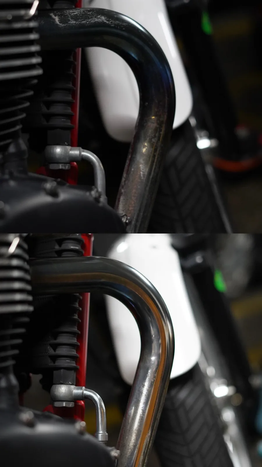 Escape cromado de una Triumph antes y después del pulido profesional · FR Deluxe Barcelona