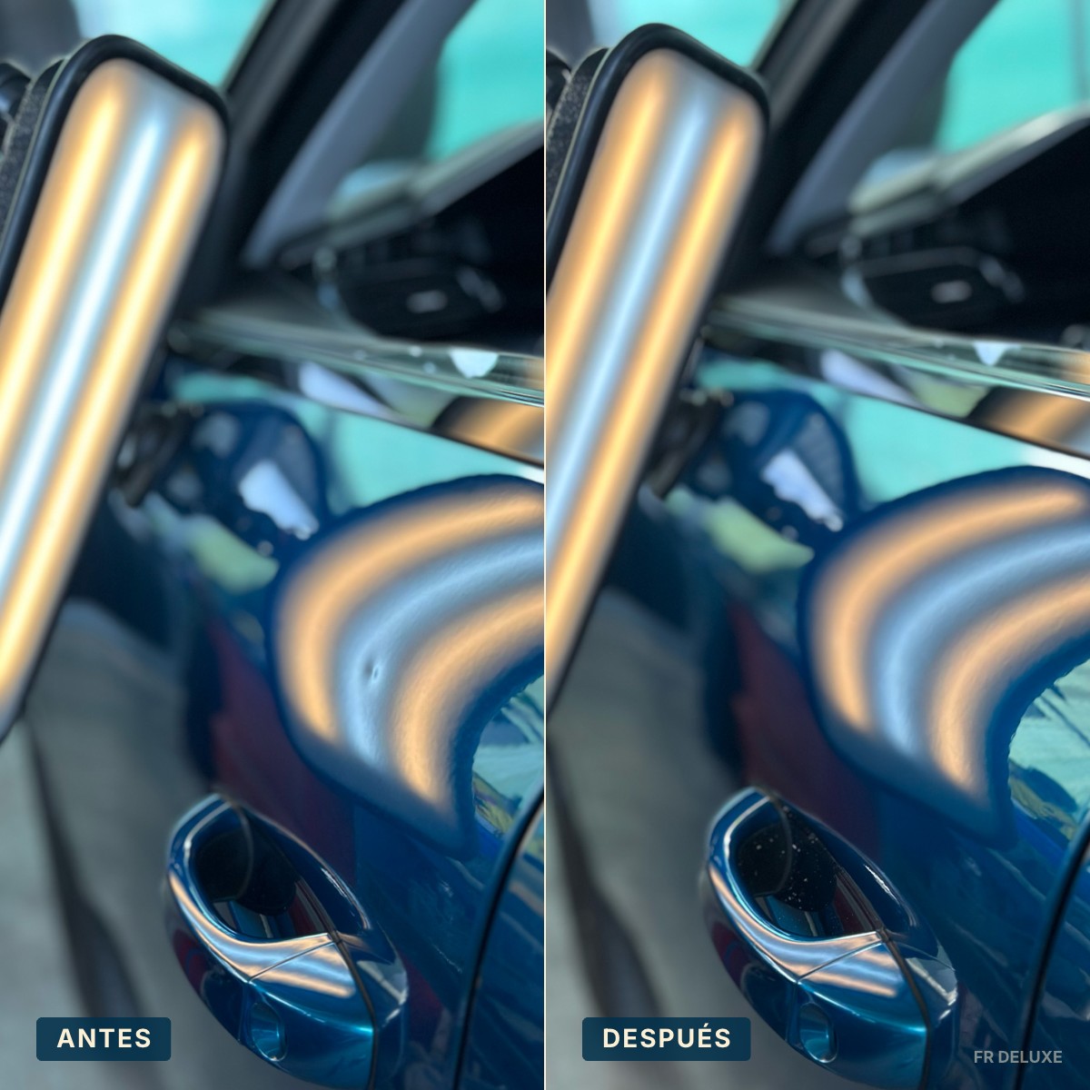 Antes y después de la reparación PDR de un bollo en la puerta de un coche premium en Barcelona — sacabollos sin pintar