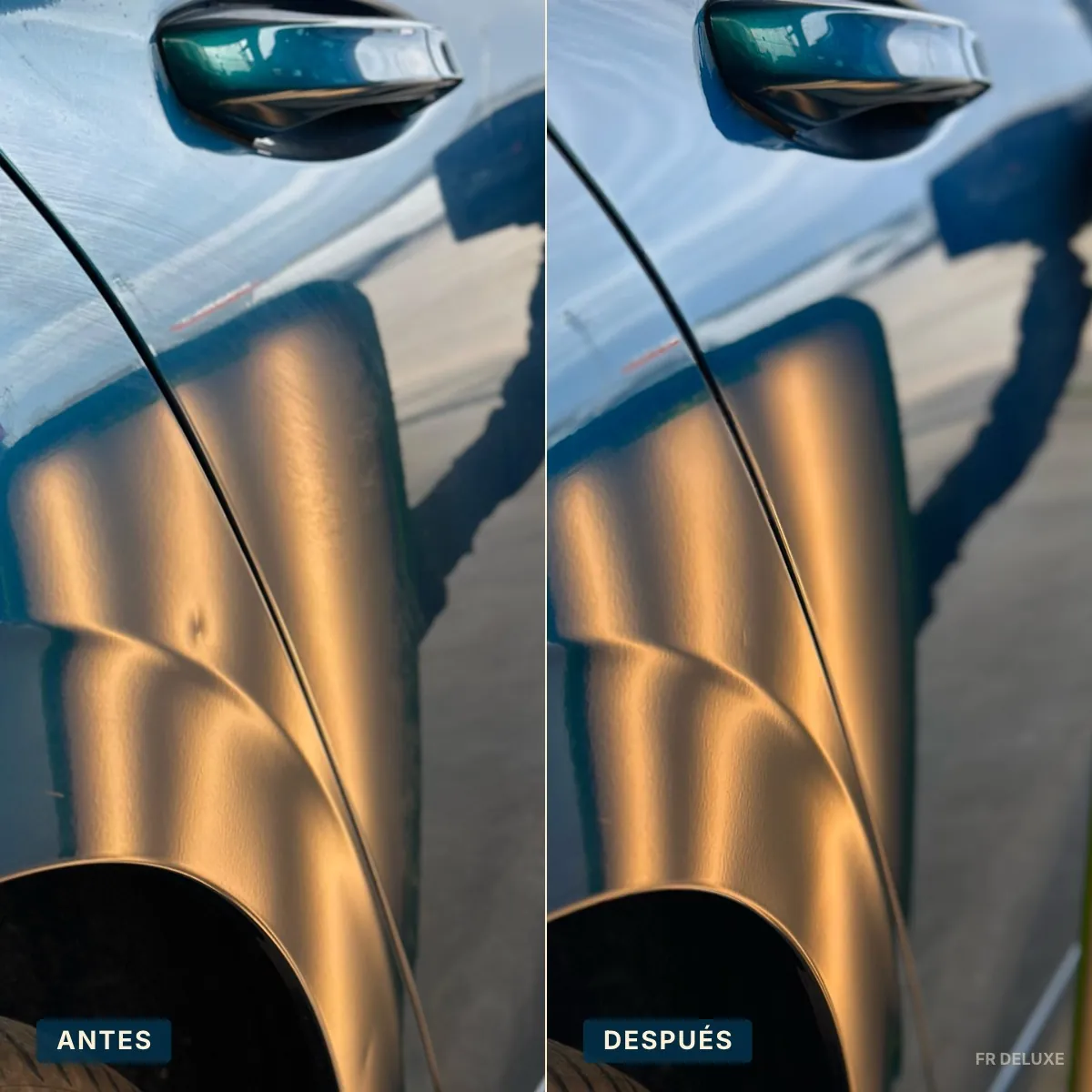 Antes y después de la reparación de un golpe de parking en la aleta trasera de un Peugeot 308 en Castelldefels · técnica PDR