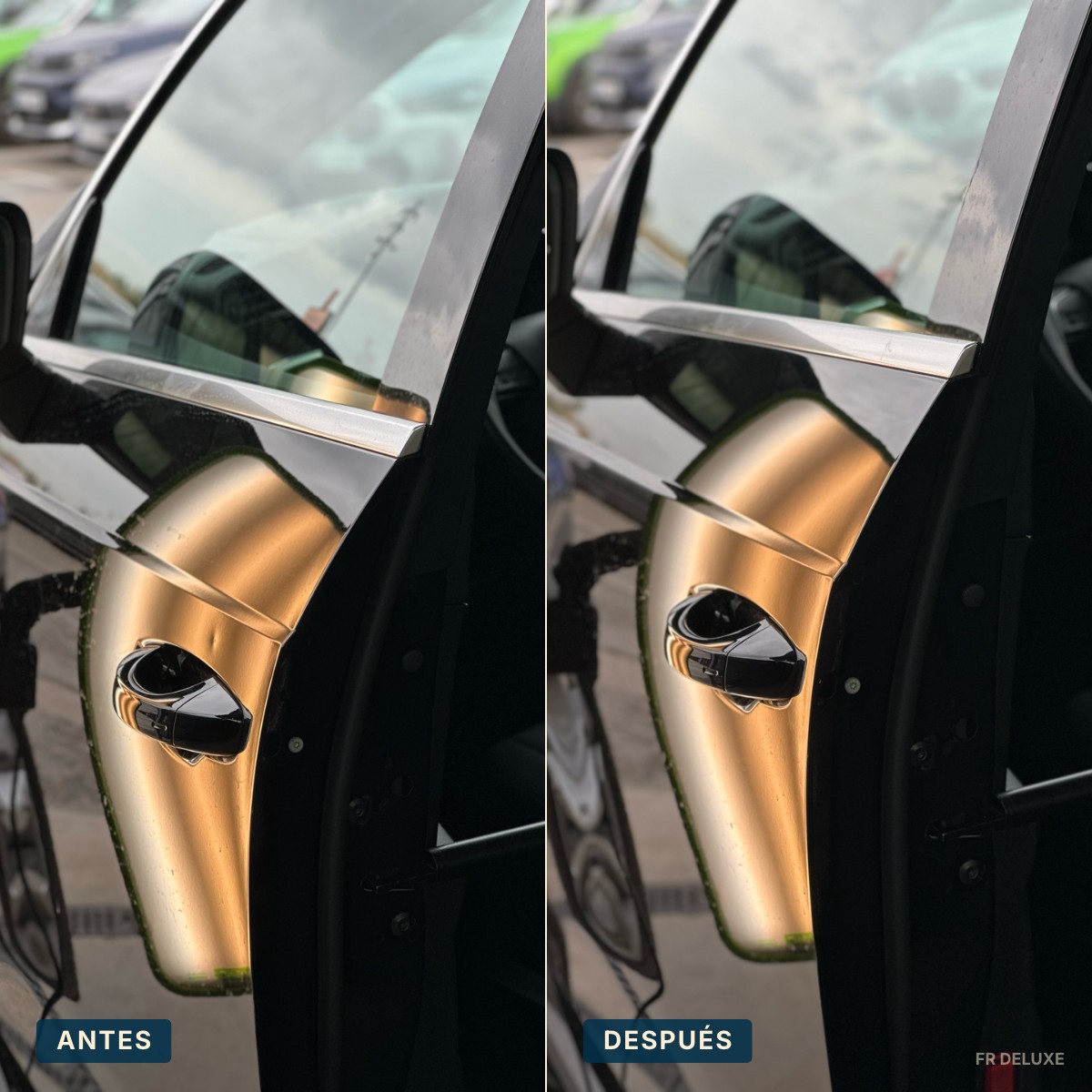 Antes y después de reparación de bollos en aleta lateral de coche en Barcelona — varillero PDR FR Deluxe