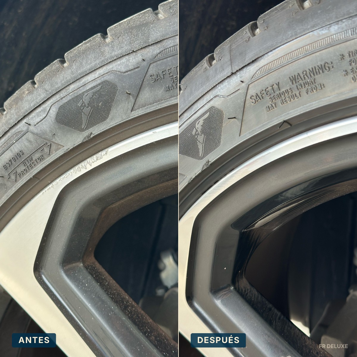 Antes y después de reparación de llanta tras bordillazo en Barcelona — restauración profesional FR Deluxe