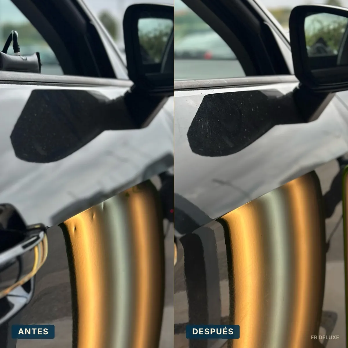 Antes y después del sacabollos en puerta delantera de un Skoda Kamiq en Sant Cugat · técnica PDR sin pintar